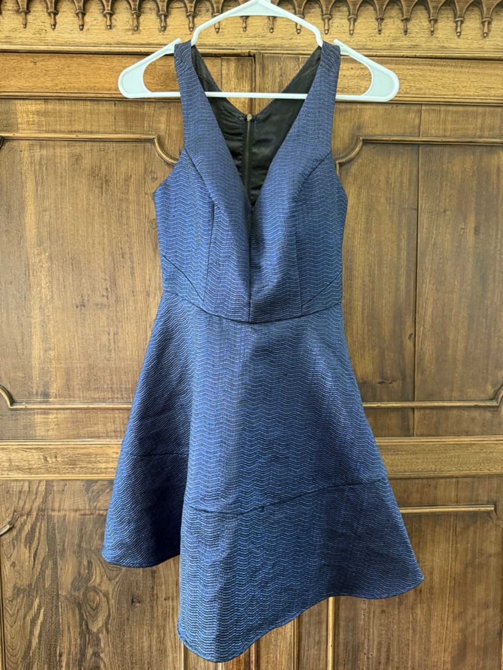 Express Navy Textured V-Neck Fit & Flare Mini Dress